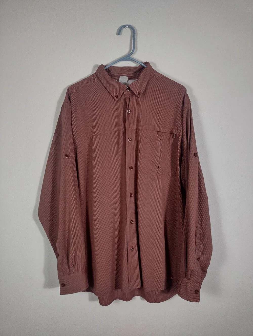 The North Face Striped Modal Button Up Zip Pocket Roll Tab Sleeve Hiking Shirt